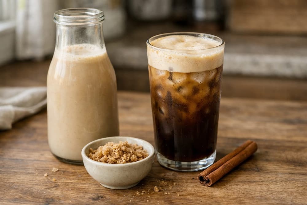A glass bottle of brown sugar oat creamer beside a glass of iced shaken espresso, a cinnamon stick and a bowl of brown sugar