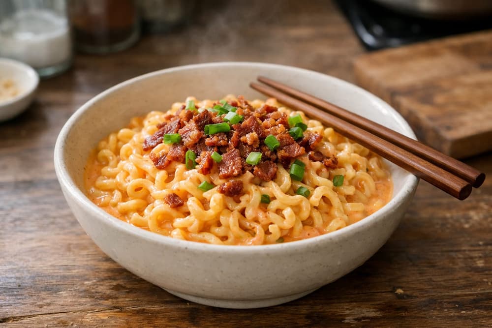 A bowl of curly ramen noodles in a creamy orange sauce topped with crumbled bacon and green onion, chopsticks on the rim