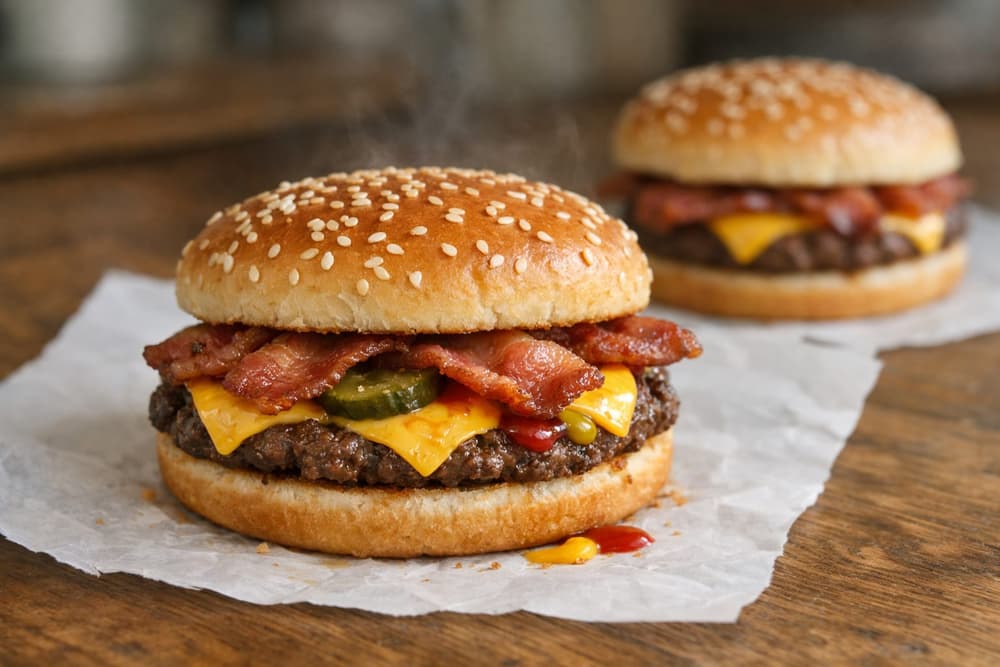 A bacon cheeseburger on a sesame seed bun with melted American cheese, crisp bacon and pickles, a second burger behind