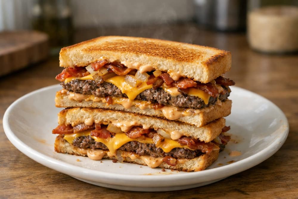 A toasted bacon melt cut in half and stacked, with beef patties, melted American cheese, bacon, caramelized onions and sauce