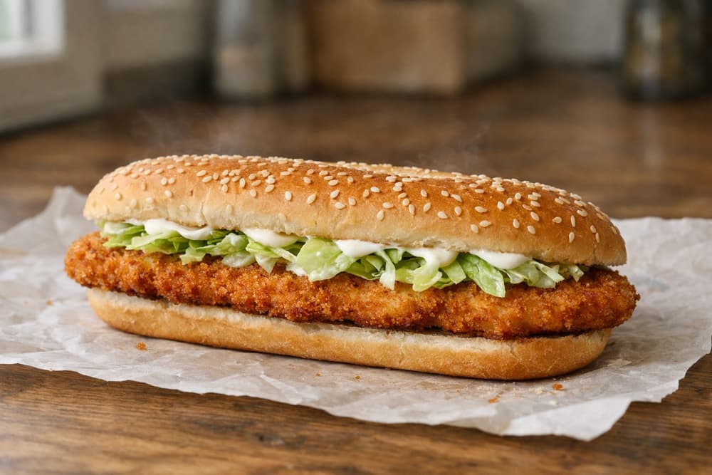 A long breaded chicken cutlet with shredded lettuce and mayonnaise on a sesame seed sub roll, on parchment paper