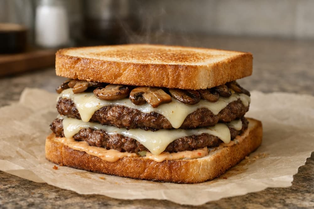 A melt on toasted white bread with two thin beef patties, melted Swiss cheese, browned mushrooms and orange sauce