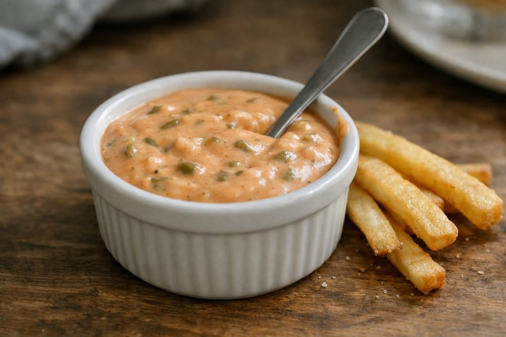 A white ramekin of pale orange Stacker sauce flecked with relish, a spoon standing in it and a few fries beside it