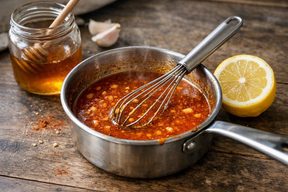 A small saucepan of orange-red Cajun honey butter sauce with a whisk in it, a jar of honey and half a lemon beside it