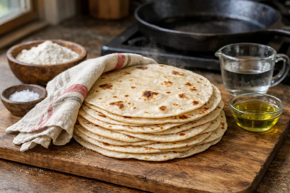 A stack of thin flour tortillas with brown blistered spots, half wrapped in a cloth on a wooden board, a cast iron pan behind