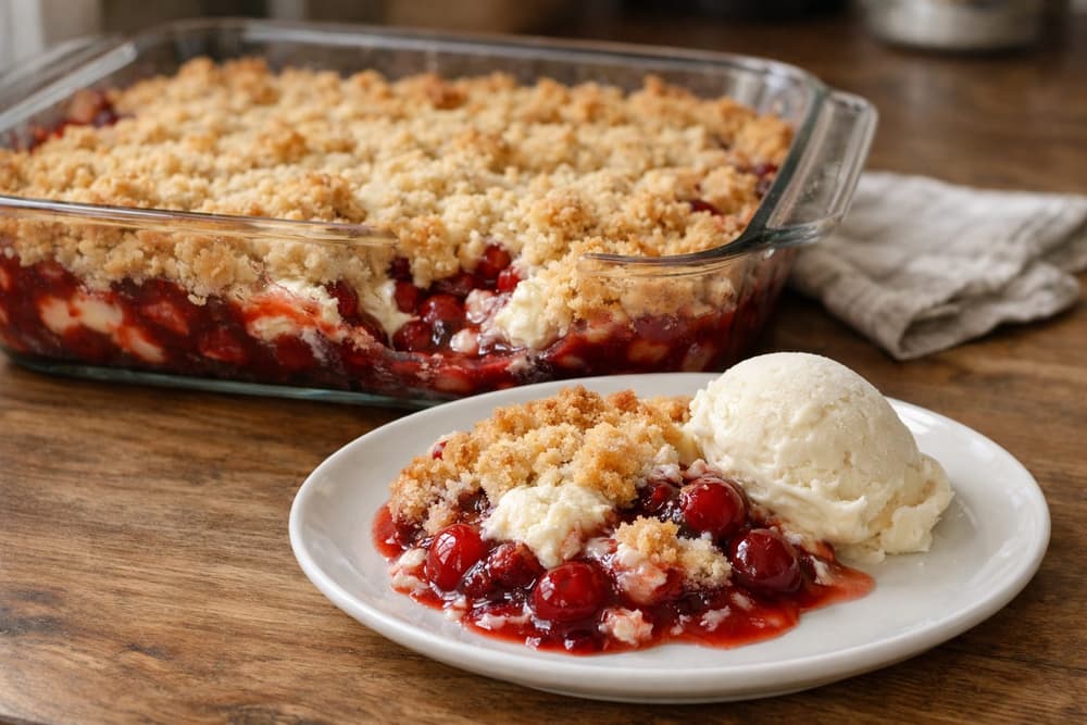 A glass dish of cherry cheesecake dump cake with a golden crumb topping, a portion on a plate with vanilla ice cream