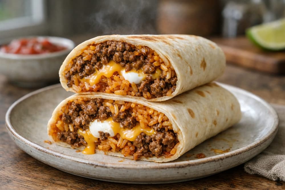 A burrito cut in half and stacked, showing seasoned ground beef, orange rice, melted cheese and sour cream in a tortilla