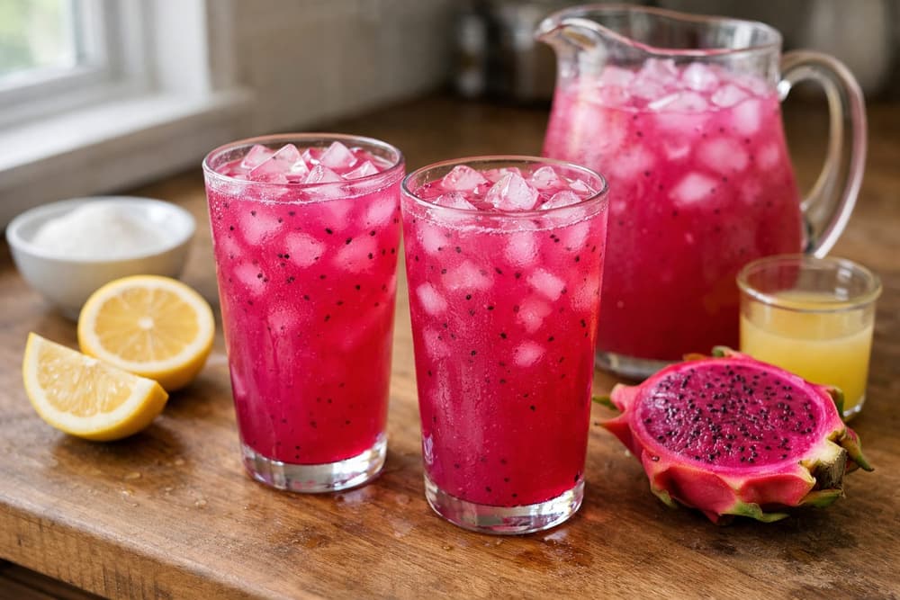 Two glasses of magenta pineapple dragonfruit lemonade over ice, a pitcher behind, lemon halves and a cut pink dragon fruit