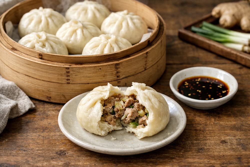 Pleated baozi in a bamboo steamer, one torn open on a plate to show the pork and cabbage filling, with a dish of soy dip