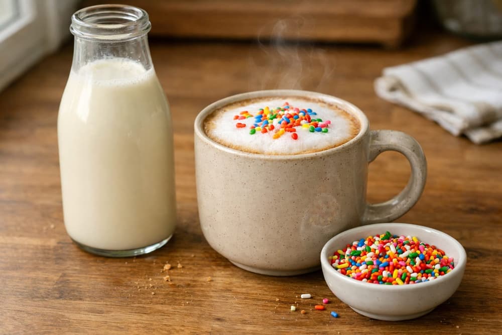 A glass bottle of white creamer beside a mug of coffee topped with milk foam and rainbow sprinkles, more sprinkles in a dish