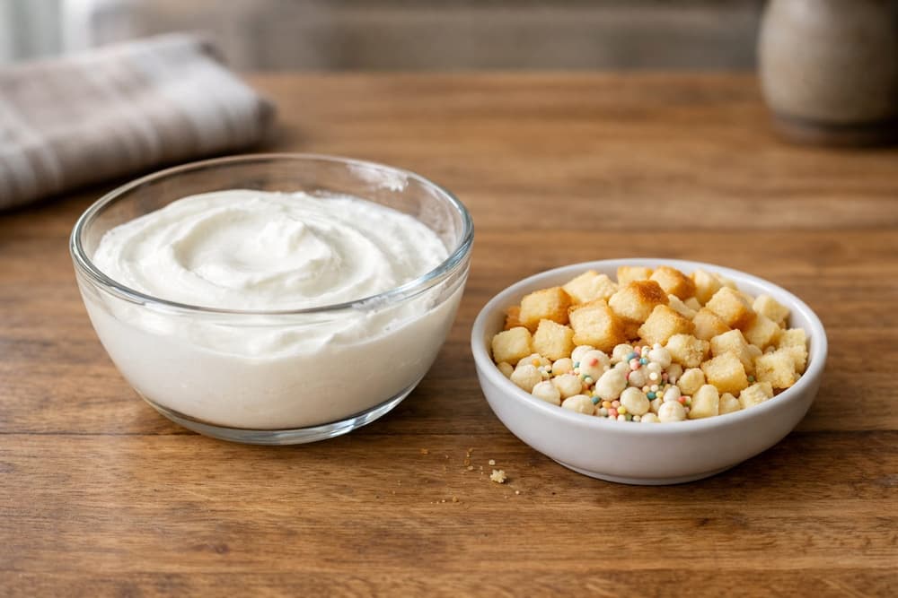 A glass bowl of thick Greek yogurt beside a dish of toasted cake cubes and white chocolate rice crisps with rainbow sprinkles