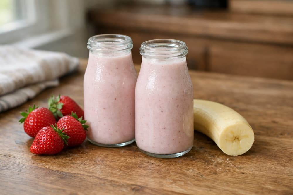 Two small glass bottles of pale pink strawberry banana yogurt drink with fresh strawberries and half a banana beside them