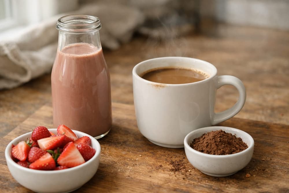 A glass bottle of pink-brown strawberry chocolate creamer beside a cup of coffee, with sliced strawberries and cocoa powder