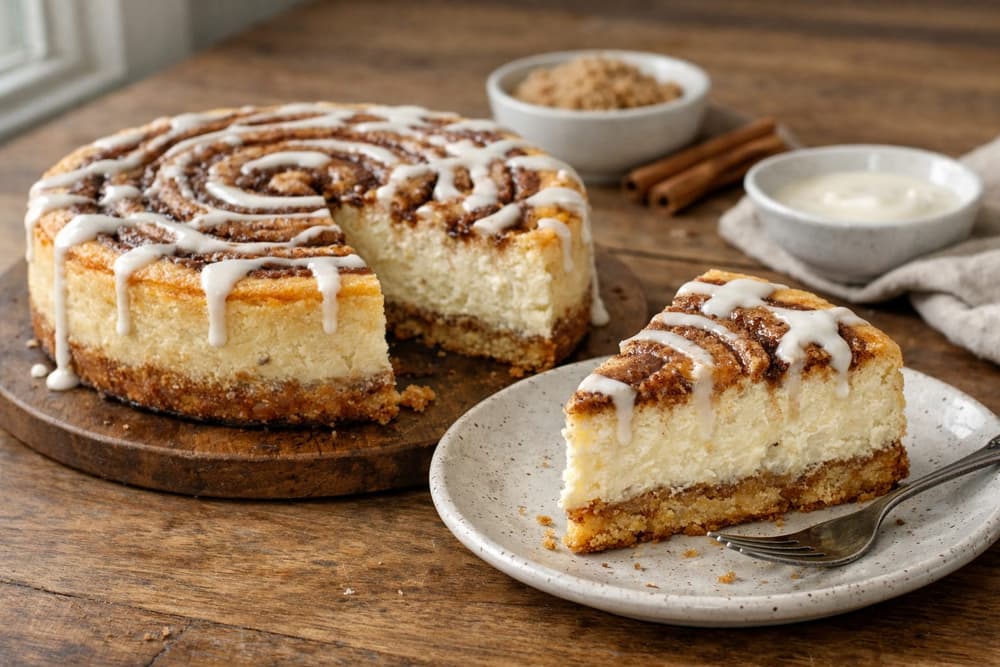 A cinnamon swirl cheesecake with white glaze on a honey bun crust, one slice cut and served on a plate beside it