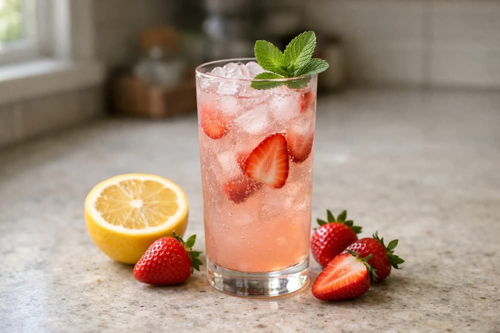 A tall glass of pink strawberry lemonade cocktail over ice with strawberry slices and mint, a lemon half beside it