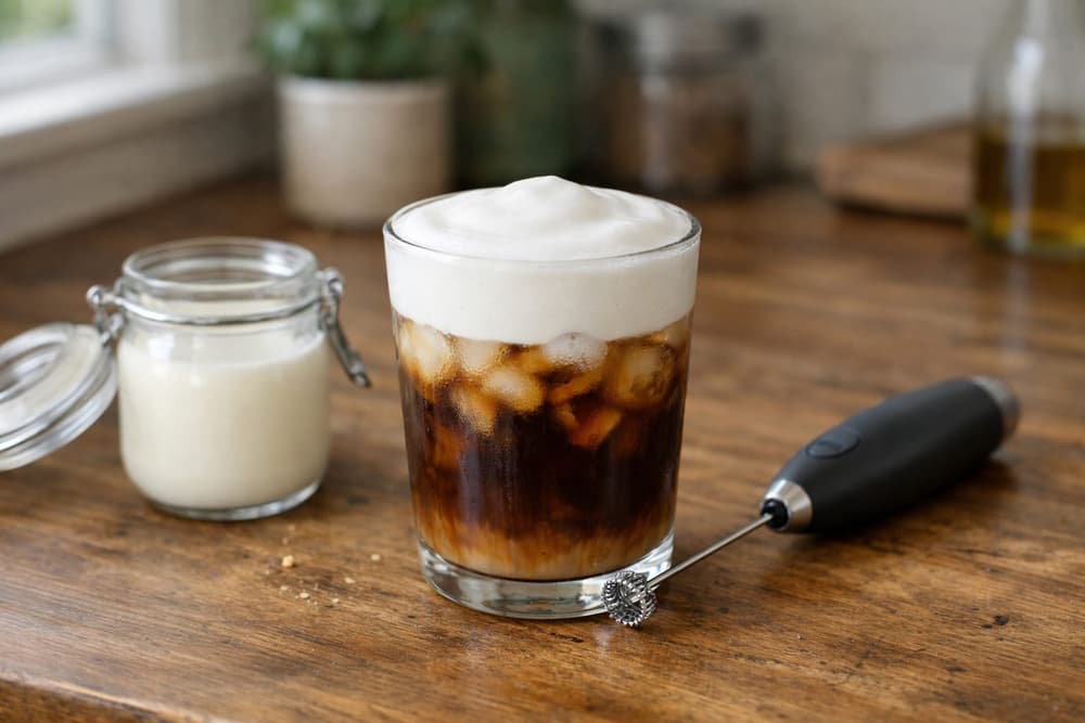 A glass of iced coffee topped with a thick layer of white cold foam, a jar of creamer and a handheld milk frother beside it