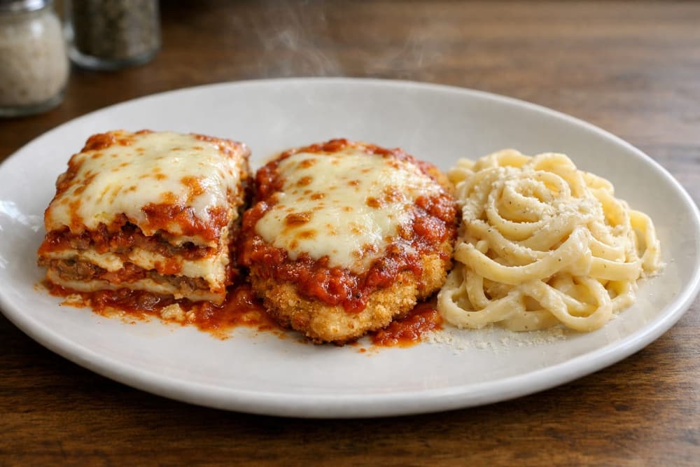 A plate with a piece of meat lasagna, a chicken Parmigiana cutlet under melted mozzarella and fettuccine Alfredo