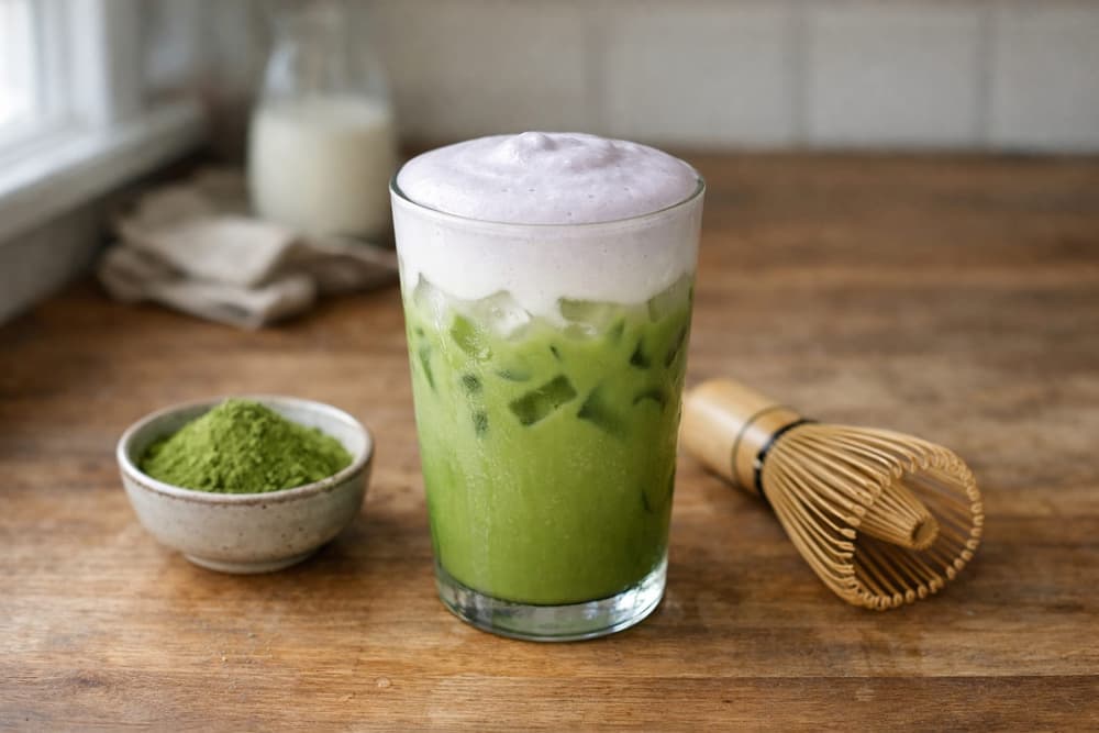 A glass of iced matcha latte topped with pale lilac lavender cold foam, a bowl of matcha powder and a bamboo whisk beside it