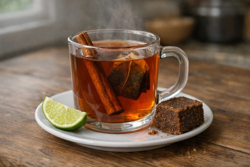 A glass mug of amber Costa Rican tea with a cinnamon stick, a lime wedge and a block of unrefined cane sugar on the saucer