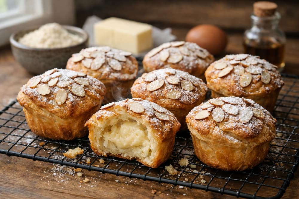 Muffin-shaped almond pastries topped with sliced almonds and powdered sugar on a rack, one cut open to show almond cream