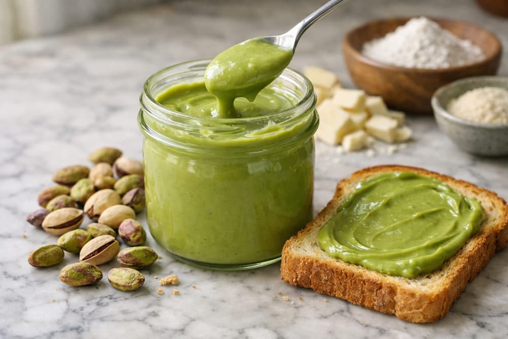 A jar of smooth green pistachio cream with a spoon lifting some out, pistachios and a slice of toast spread with it beside