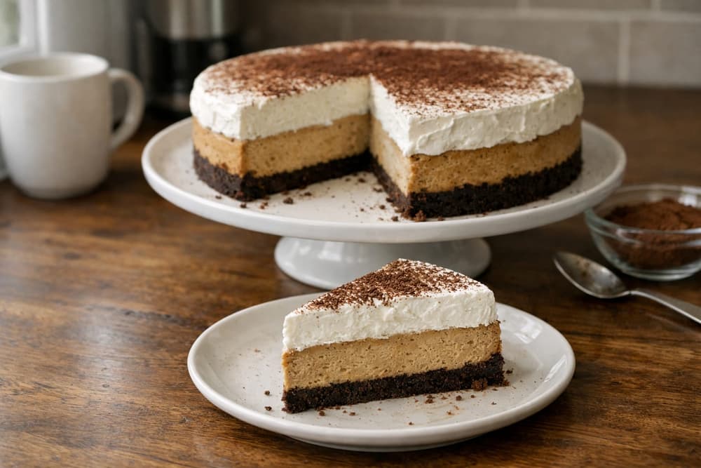 A tiramisu cheesecake on a cake stand with a slice on a plate, showing cocoa crust, coffee cheesecake and white topping