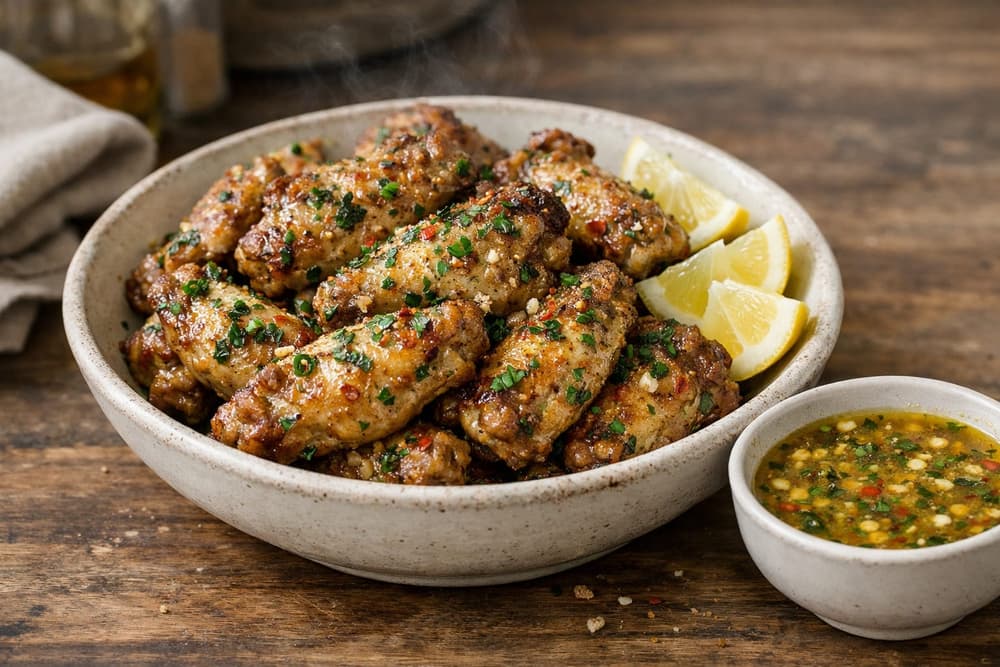 A bowl of baked chicken wings coated in herb butter with parsley and chile flakes, with lemon wedges and a dish of butter