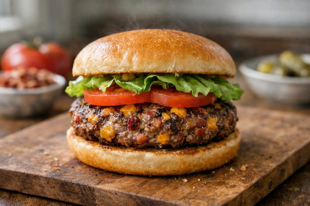 A burger on a toasted bun with a beef patty flecked with cheddar and bacon, topped with tomato slices and lettuce