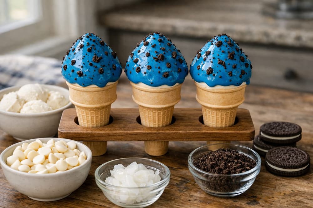 Three cake cones of vanilla ice cream in a hard blue shell flecked with chocolate cookie crumbs, standing in a wooden holder