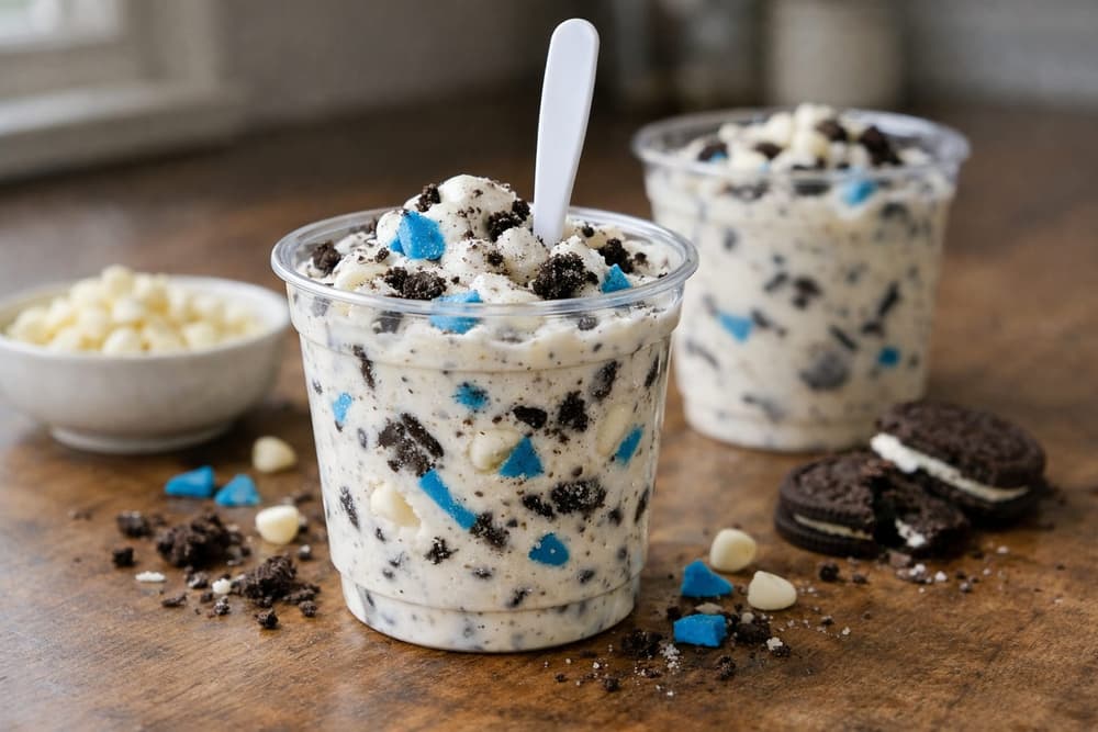 Two cups of vanilla Blizzard with blue coating shards and crushed chocolate cookies, a spoon standing in the front cup