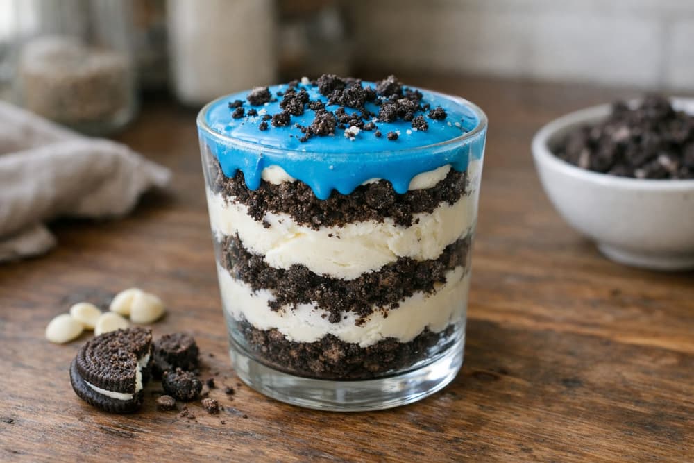 A glass of layered chocolate cookie crumbs and vanilla ice cream under a hardened blue coating topped with cookie crumbs