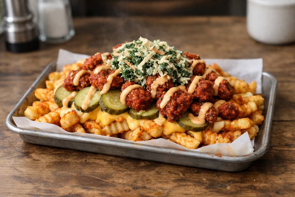 A tray of crinkle-cut fries with cheese sauce, pickle chips, kale slaw, red spice-coated chicken bites and a sauce drizzle