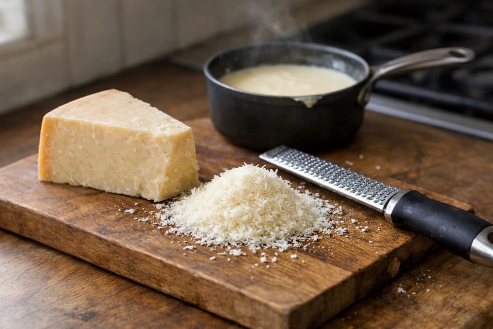 A wedge of Parmesan cheese beside a rasp grater and a pile of finely grated cheese, a pan of smooth cream sauce behind