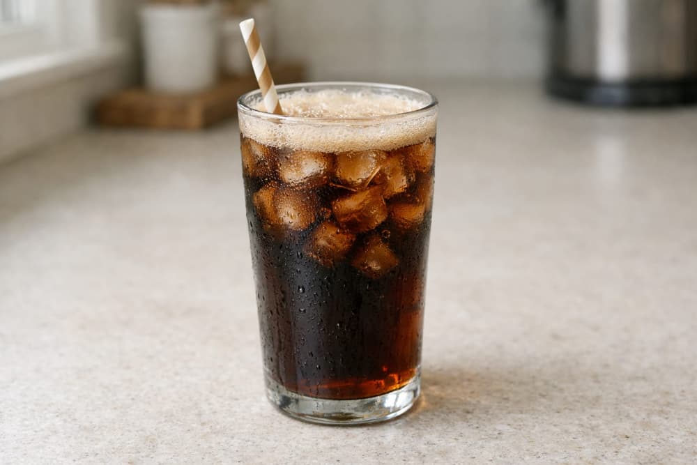 A tall glass of dark Dr Pepper cream soda over ice with a foamy top and a striped paper straw