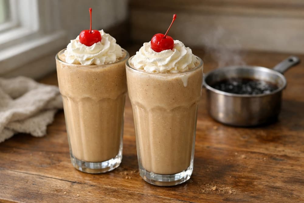 Two glasses of Dr Pepper milkshake topped with whipped cream and a cherry, a small saucepan of soda syrup behind