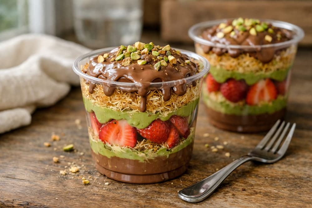 Two clear cups of strawberries layered with green pistachio cream and toasted kataifi under melted chocolate and pistachios