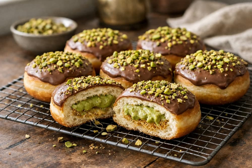 Chocolate-topped Dubai donuts sprinkled with chopped pistachios on a rack, one cut open to show pistachio cream and kataifi