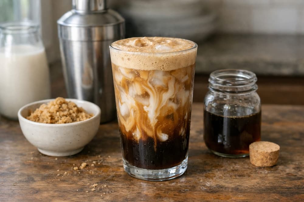 A glass of iced brown sugar shaken espresso, oat milk swirling in and foam on top, a shaker and a jar of syrup behind