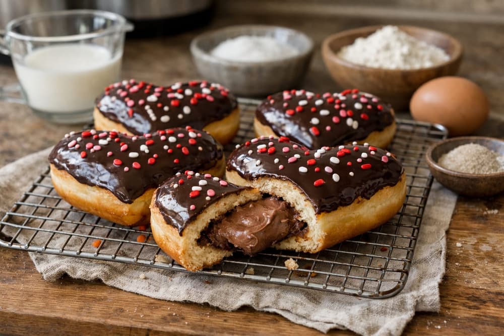 Heart-shaped doughnuts with chocolate icing and red, pink and white sprinkles on a rack, one cut open to show the filling