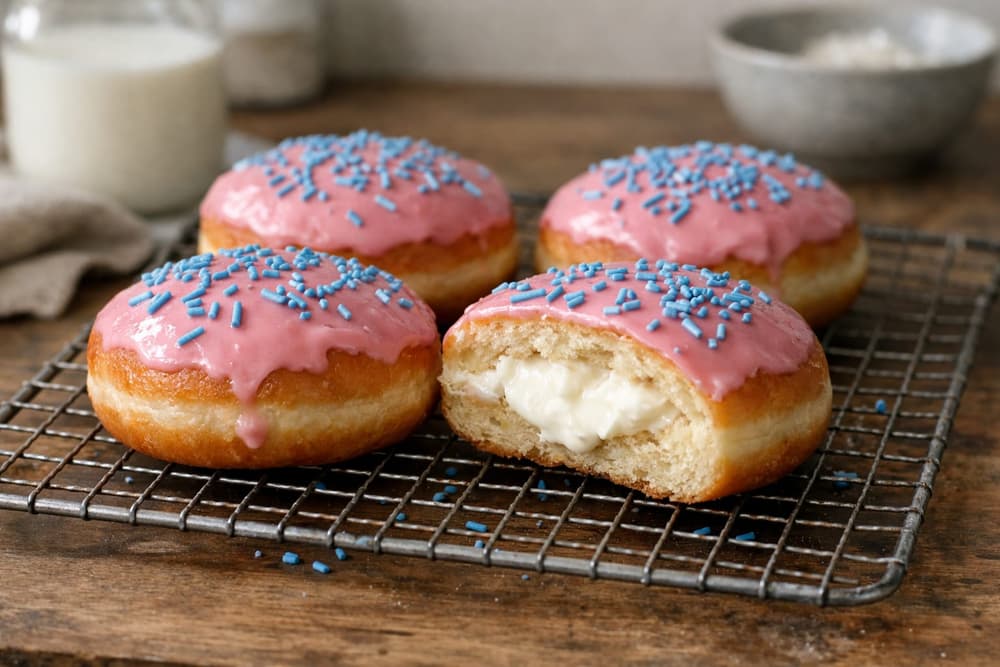 Round filled donuts with pink strawberry icing and blue sprinkles on a wire rack, one cut open to show white buttercream