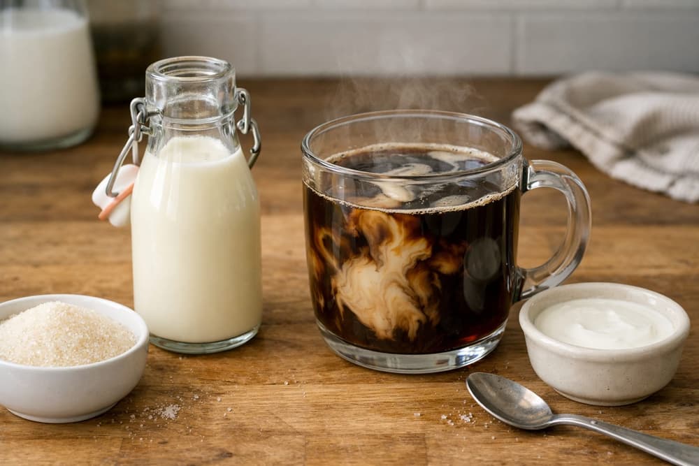 A small glass bottle of sweet cream coffee creamer beside a glass mug of black coffee with creamer swirling in it