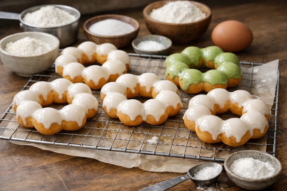 Mochi donuts shaped as rings of eight small balls with white vanilla glaze on a wire rack, one with green matcha glaze