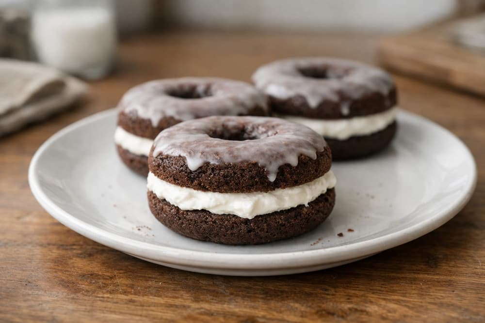 Glazed chocolate cake donuts split and filled with a thick layer of white vanilla filling, three of them on a white plate