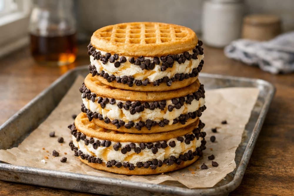 Three ice cream sandwiches made of round toasted waffles and vanilla ice cream, the edges covered in mini chocolate chips