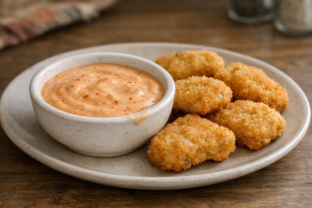 A bowl of pale orange fire ranch dipping sauce flecked with red spice on a plate with golden chicken nuggets