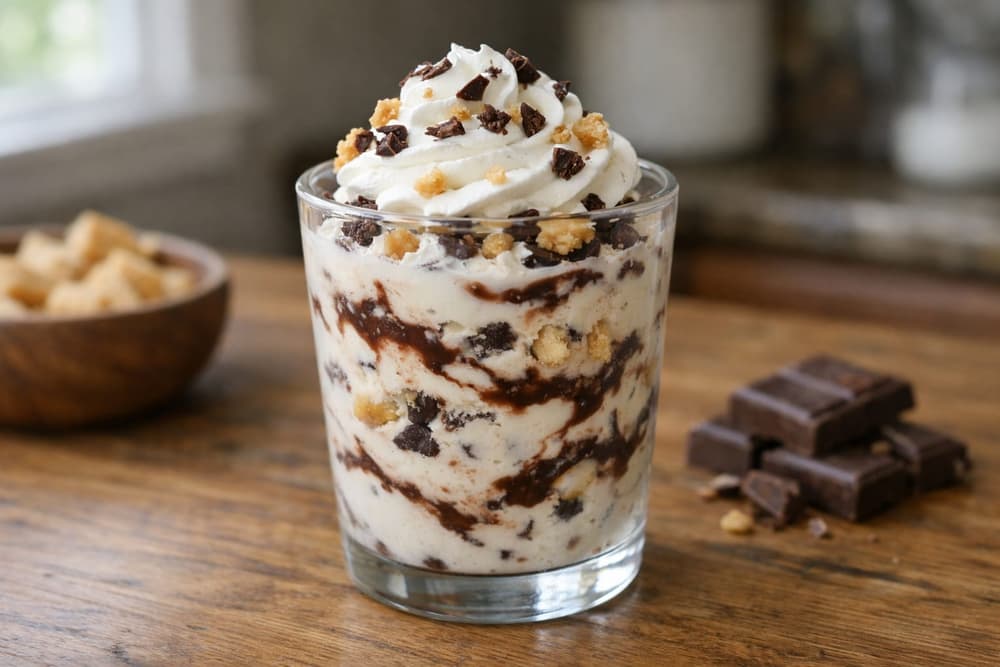 A glass of vanilla ice cream swirled with fudge, chocolate chunks and pie crust pieces, topped with whipped cream
