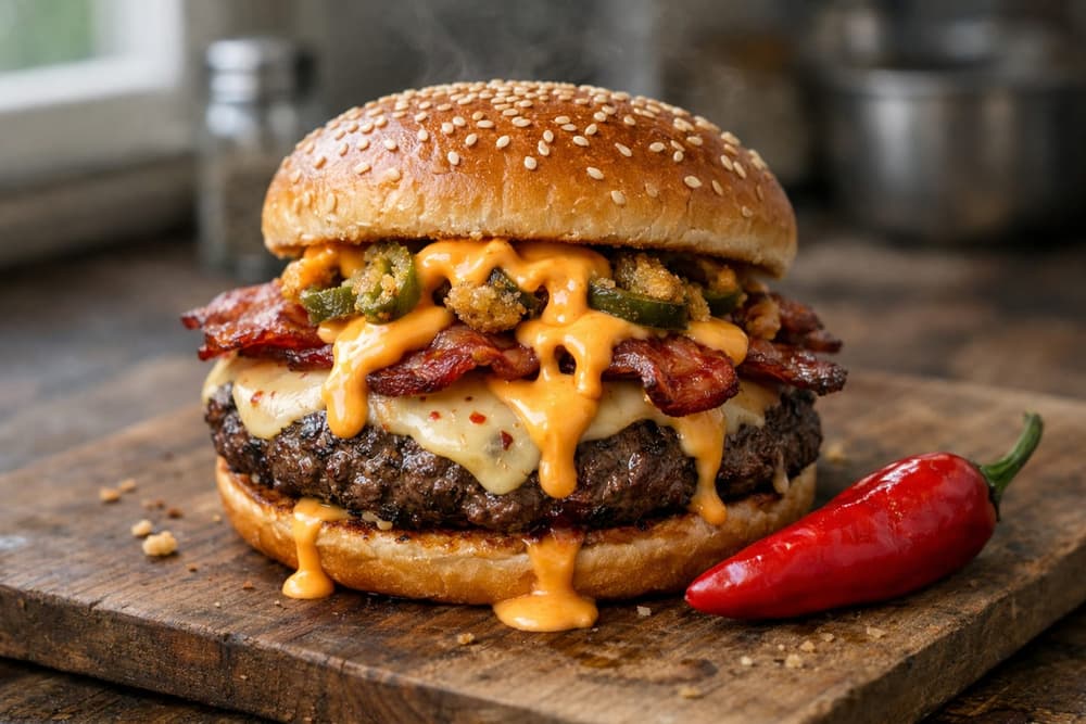 A ghost pepper burger on a sesame seed bun with melted cheese, bacon, fried jalapeños and cheese sauce, a red chile beside it