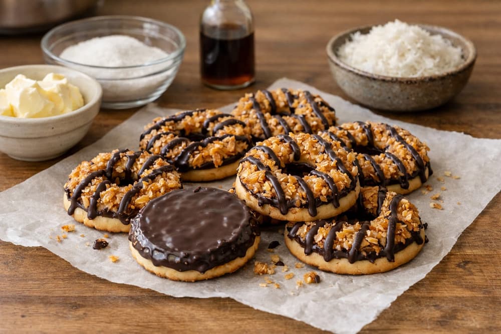 Ring-shaped cookies topped with toasted coconut caramel and chocolate stripes, one turned over to show its chocolate base