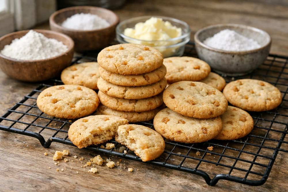 Golden butter cookies with toffee bits stacked on a wire rack, one broken in half, bowls of rice flour and butter behind