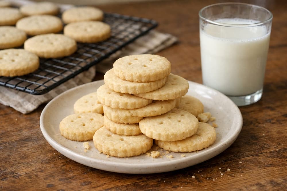 A stack of pale round shortbread cookies with scalloped edges on a plate, more on a wire rack and a glass of milk behind
